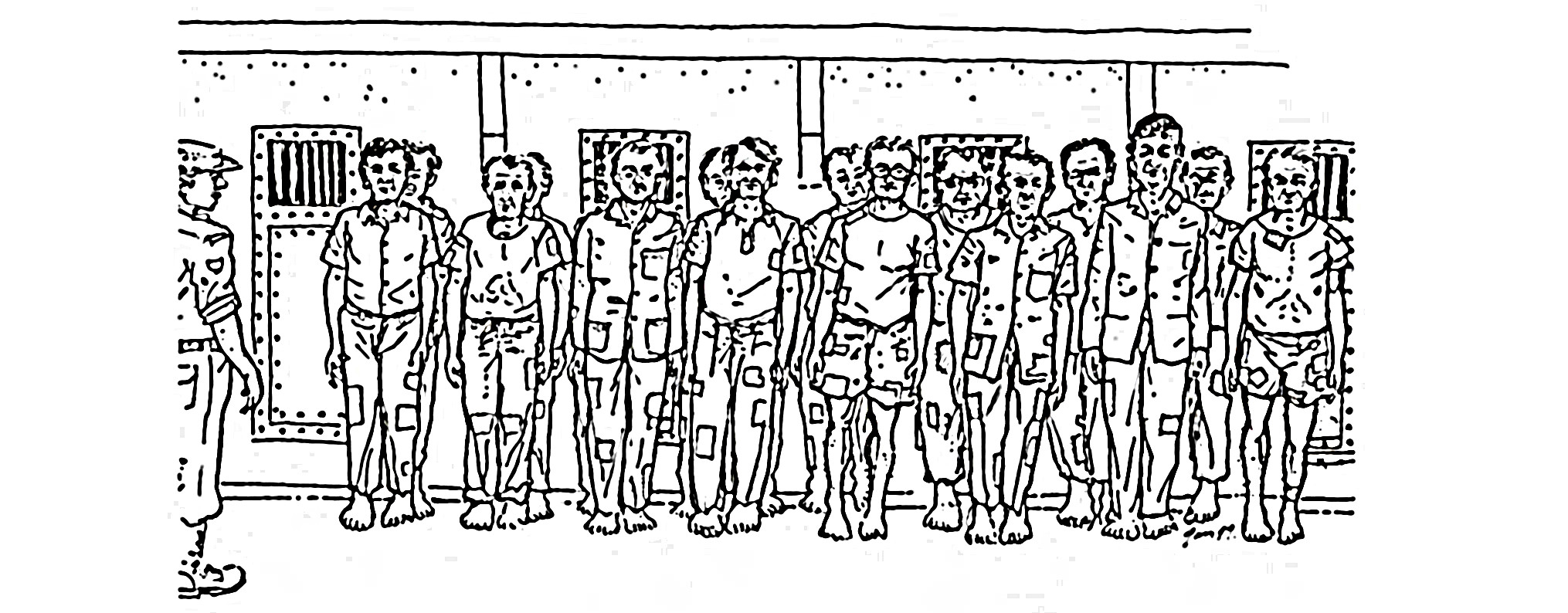 Detainees in Salemba prison, Jakarta 1969. Sketch by Gumelar, prisoner. (Tahun Yang Tak Pernah Berakhir, 2004)