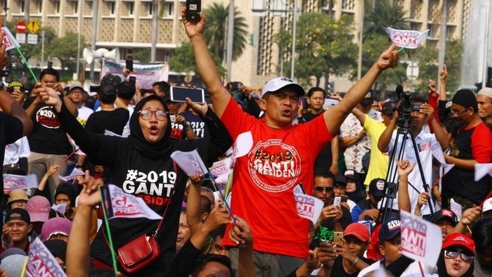Supporters rally behind the hashtag movement #2019GantiPresident (‘Change the President in 2019’) at the National Monument in Jakarta, 6 May 2018 / ANTARA/Muhammad Iqbal